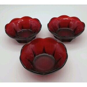 Anchor Hocking Ruby Red Oyster Glass Berry Bowls Custard Cups Scalloped Set 3